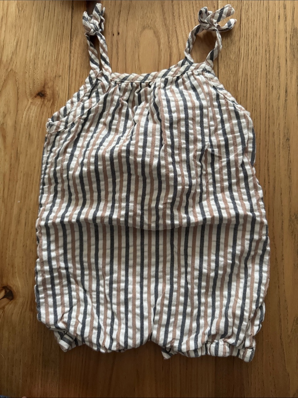 MILES THE LABELStriped Cotton Tie-Shoulder One-Piece in White, Brown & Blue 6m